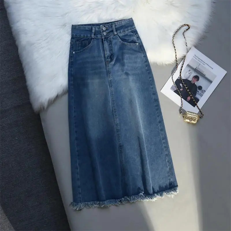 Spring Summer Women Skirts Vintage High Waist Split Jeans Skirt Y2k Long A-line Skirts Streetwear Casual