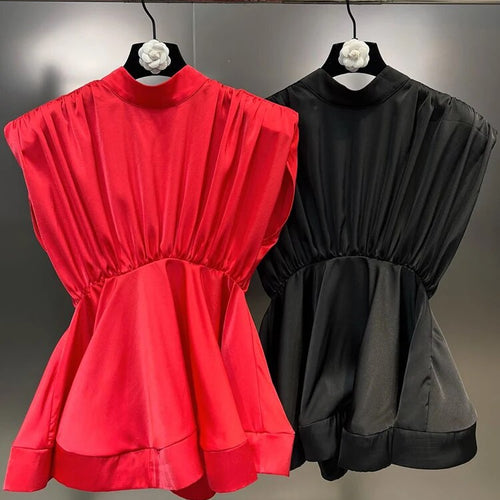 Load image into Gallery viewer, Solid Summer Shirts For Women Round Neck Sleeveless Ruffles Folds Tunic Temperament Blouse Female Fashion Clothing
