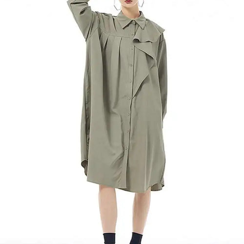 Load image into Gallery viewer, Women Gray Ruffles Pleated Midi Elegant Big Size Shirt Dress New Lapel Long Sleeve Fashion Tide Spring Autumn 2025 1DH7415
