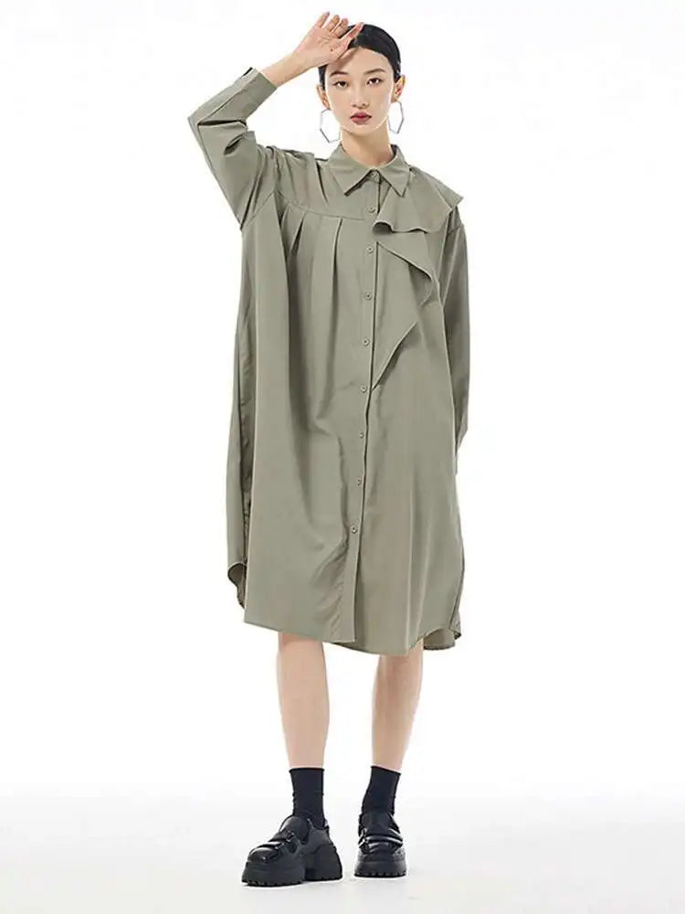 Women Gray Ruffles Pleated Midi Elegant Big Size Shirt Dress New Lapel Long Sleeve Fashion Tide Spring Autumn 2025 1DH7415