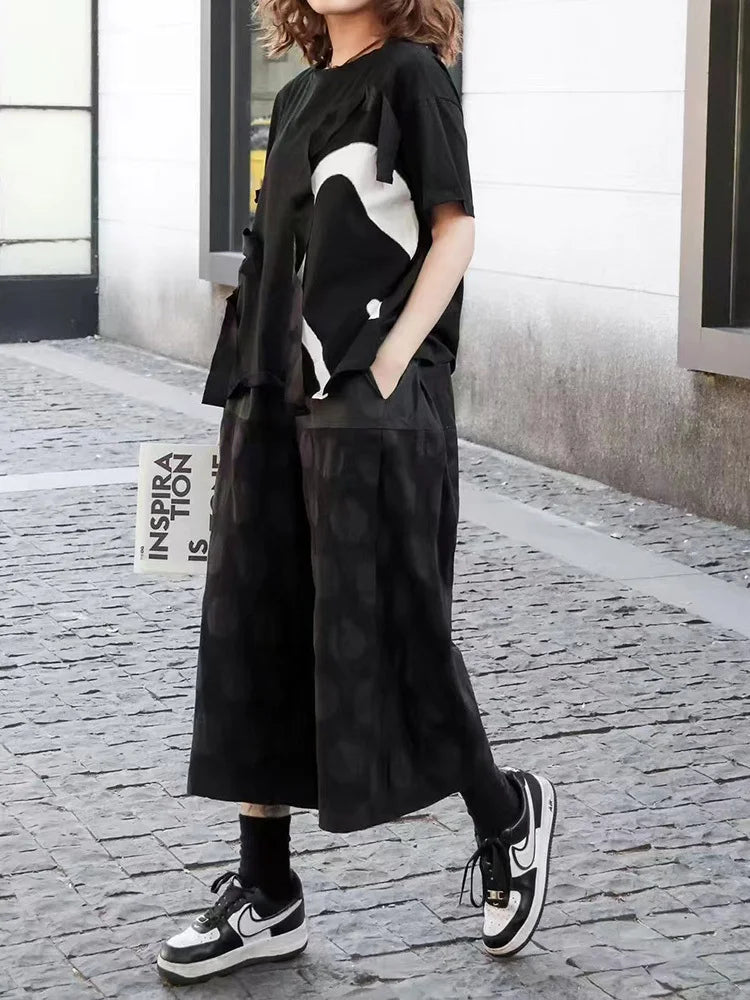 Women Black Ribbon Color-block Big Size Casual T-shirt New Round Neck Short Sleeve Fashion Tide Spring Summer 2025 1DJ0423