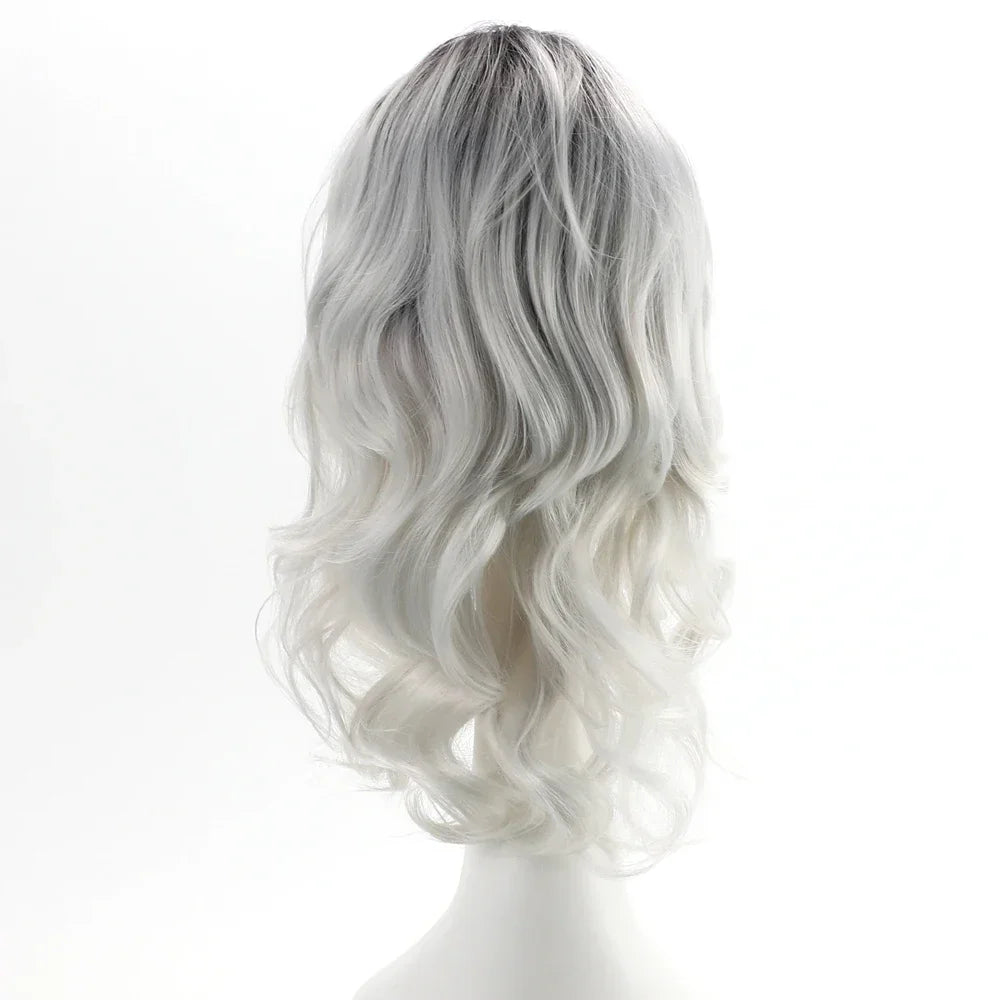 Grey Long Curly Wavy Wigs for Women Synthetic Hair Dark Roots Ombre White Wig Natural Soft Fluffy Body Wave Female Wig