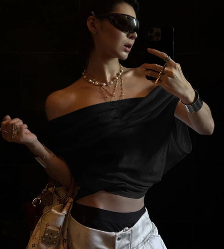 One Shoulder Leisure t-Shirt Women Folds Solid Skinny Loose Summer New Trend Simple Classic Versatile Street Daily Tops