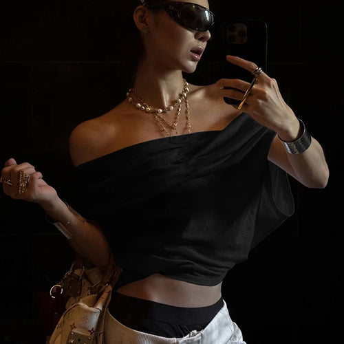 Load image into Gallery viewer, One Shoulder Leisure t-Shirt Women Folds Solid Skinny Loose Summer New Trend Simple Classic Versatile Street Daily Tops
