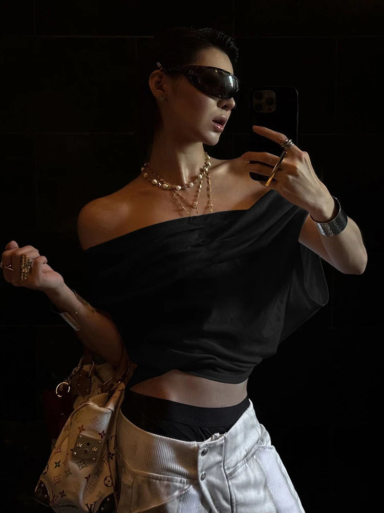 One Shoulder Leisure t-Shirt Women Folds Solid Skinny Loose Summer New Trend Simple Classic Versatile Street Daily Tops