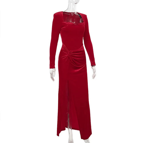 Load image into Gallery viewer, Velvet Long Sleeve Sexy Maxi Dress For Women Autumn Winter New Square Collar Thigh High Split Evening Club Party Dress
