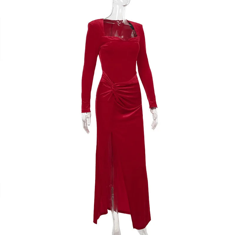 Velvet Long Sleeve Sexy Maxi Dress For Women Autumn Winter New Square Collar Thigh High Split Evening Club Party Dress