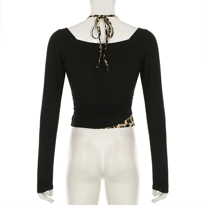 y2k Tops for Women Leopard Print Off Shoulder Long Sleeve Halter Neck T Shirts 2000s Aesthetic Clothing Streetwear