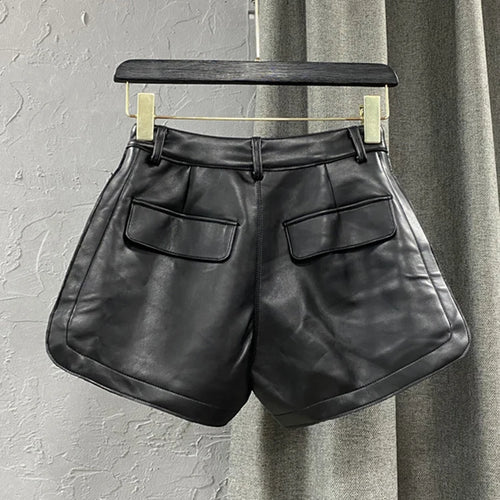 Load image into Gallery viewer, Solid Patchwork Pockets Leather Shorts For Women High Waist Spliced Button Minimalist Temperament Short Pant Female
