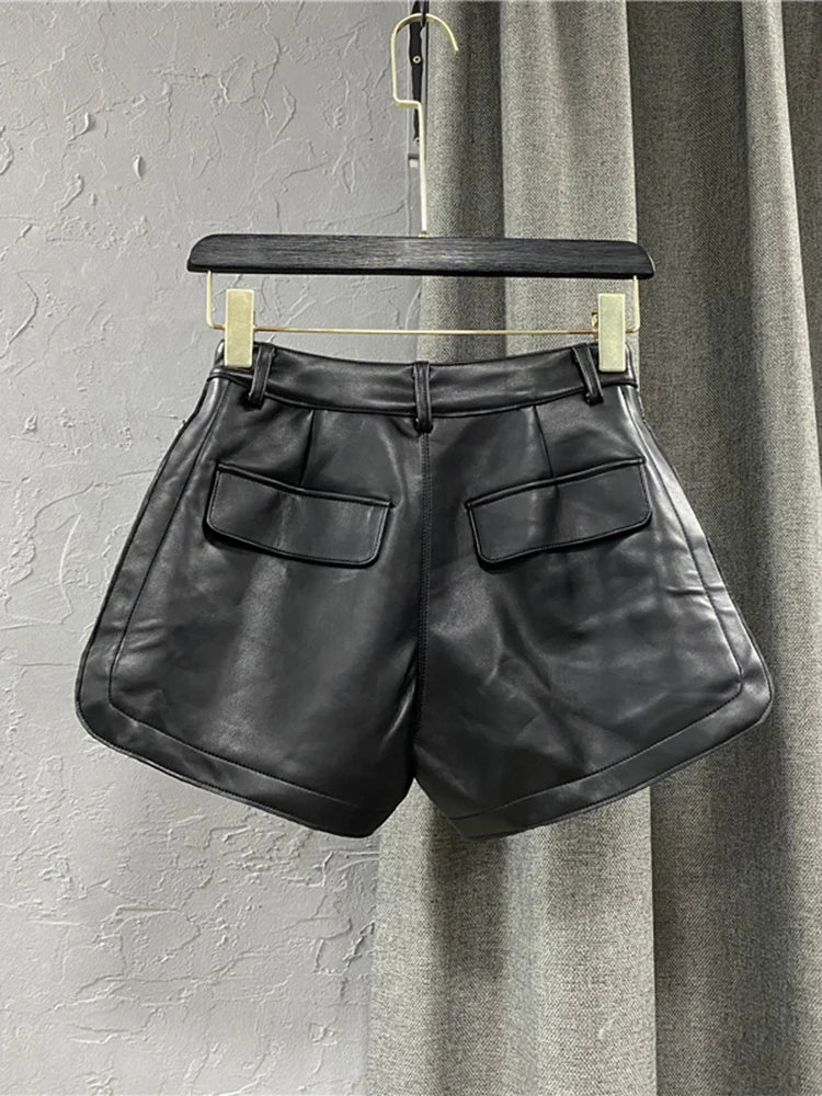 Solid Patchwork Pockets Leather Shorts For Women High Waist Spliced Button Minimalist Temperament Short Pant Female