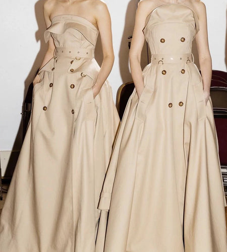 Slimming Spliced Double Breasted Fashion Long Dresses for Women Strapless Sleeveless Patchwork Pockets Dress Female