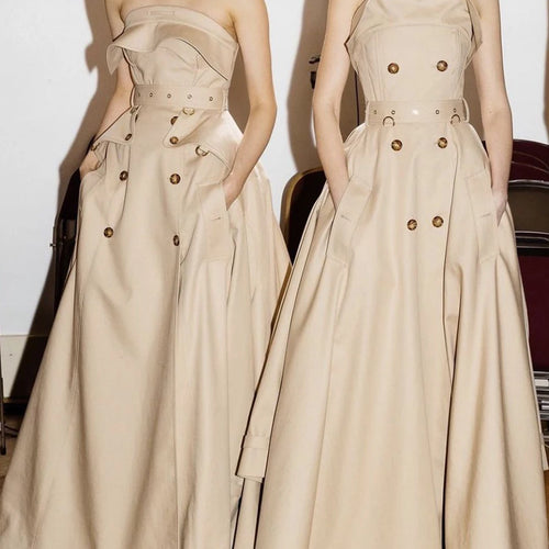 Load image into Gallery viewer, Slimming Spliced Double Breasted Fashion Long Dresses for Women Strapless Sleeveless Patchwork Pockets Dress Female
