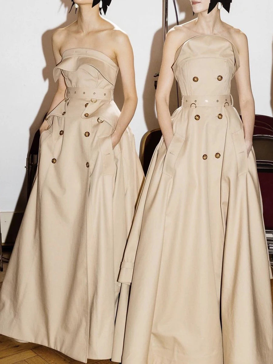 Slimming Spliced Double Breasted Fashion Long Dresses for Women Strapless Sleeveless Patchwork Pockets Dress Female