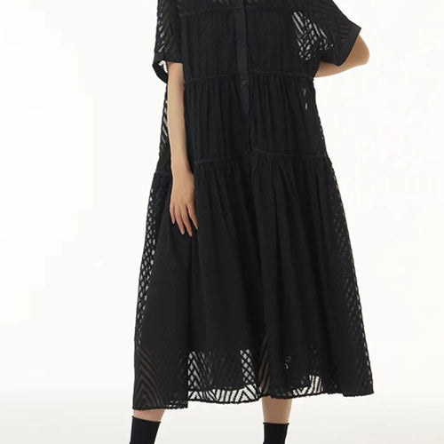 Load image into Gallery viewer, Women Blue Grid Hollow Out Big Size Midi Shirt Dress New Lapel Short Sleeve Fashion Tide Spring Summer 2025 1DJ1208
