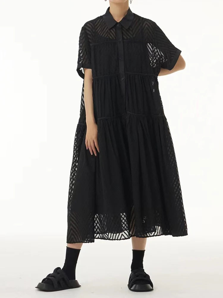 Women Blue Grid Hollow Out Big Size Midi Shirt Dress New Lapel Short Sleeve Fashion Tide Spring Summer 2025 1DJ1208