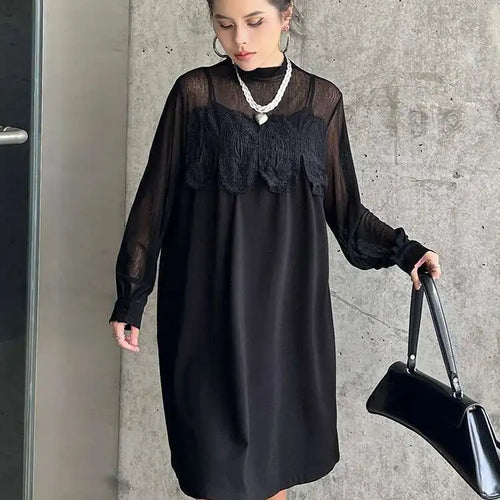 Load image into Gallery viewer, Women Black Mesh Lace Big Size Elegant Knee-Length Dress New Turtleneck Long Sleeve Fashion Spring Autumn 2025 1DH8734
