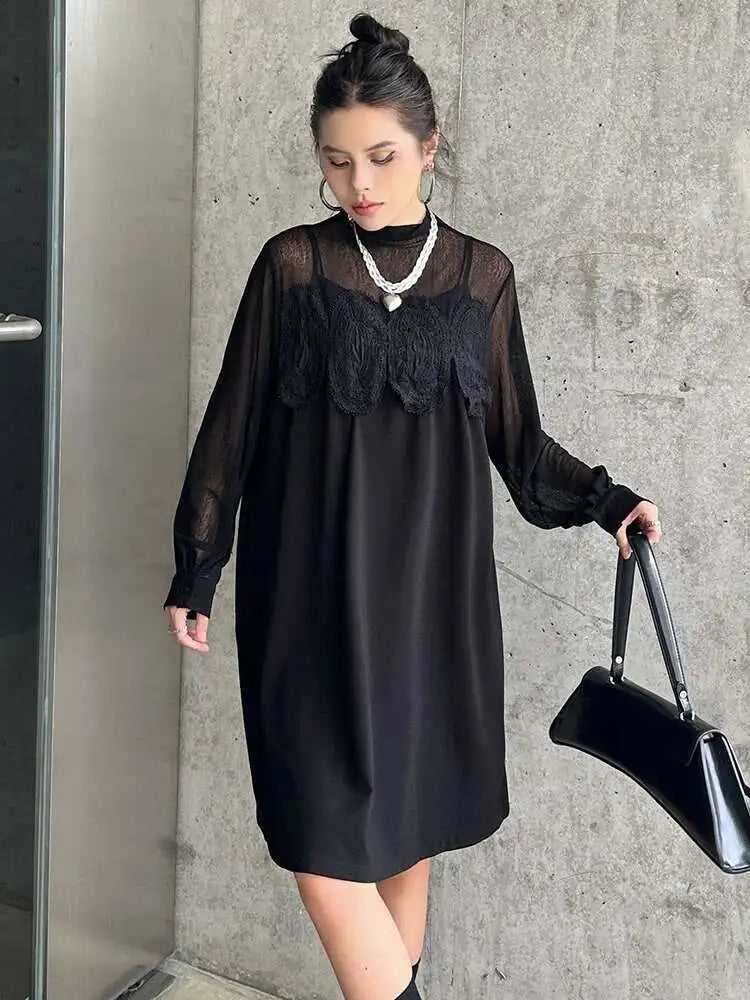 Women Black Mesh Lace Big Size Elegant Knee-Length Dress New Turtleneck Long Sleeve Fashion Spring Autumn 2025 1DH8734