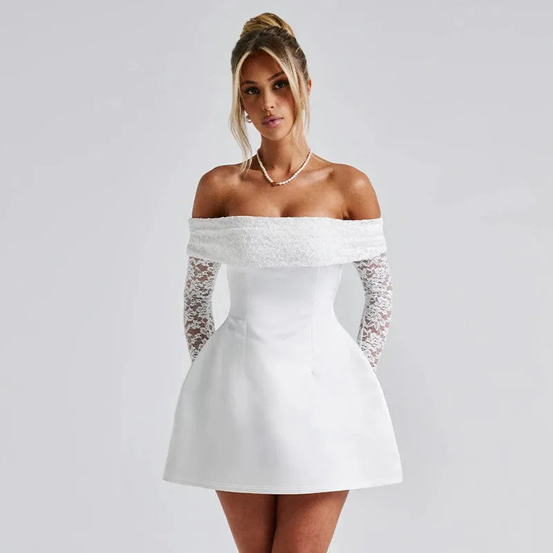 Off-shoulder Long Sleeve Sexy Mini Dress For Women Robe Strapless Backless High Waist A-line Elegant Club Party Dress