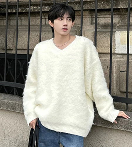 Korean Stylish Men's Pullover Sweaters Plush Casual V-neck Solid Color Male Knitting Pullovers Loose Autumn New 2024 9C4092