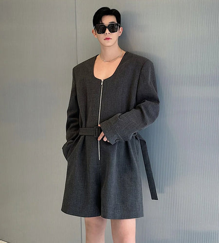 Summer Men's Jumpsuit One-piece Belted Shorts Suit Shaped Low Neck Zippersolid Color Male Rompers Personality 9C5466