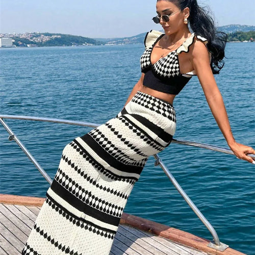 Load image into Gallery viewer, Striped Knit Two Piece Sets Women V Neck Sleeveless Crop Tops And Maxi Skirt Matching Sets Ladies Knit Skirt Sets
