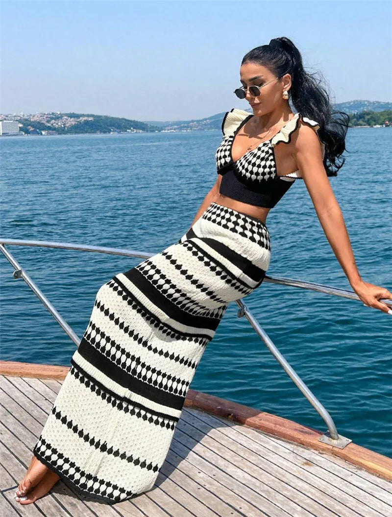 Striped Knit Two Piece Sets Women V Neck Sleeveless Crop Tops And Maxi Skirt Matching Sets Ladies Knit Skirt Sets