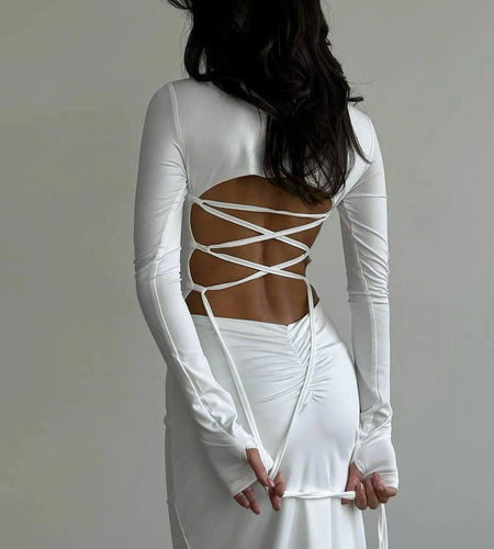 Fashion Solid Long Sleeve Backless Ruched Lace Up Slit Sexy Maxi Prom Dress Elegant Autumn Women Clothes Party Festival