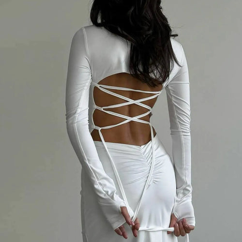 Load image into Gallery viewer, Fashion Solid Long Sleeve Backless Ruched Lace Up Slit Sexy Maxi Prom Dress Elegant Autumn Women Clothes Party Festival
