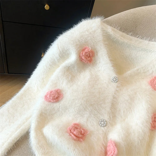 Load image into Gallery viewer, Autumn Winter White Pink Flower Decoration Knitted Cardigan Tops Women V Neck Single Breasted Long Sleeve Imitation Mink Sweater
