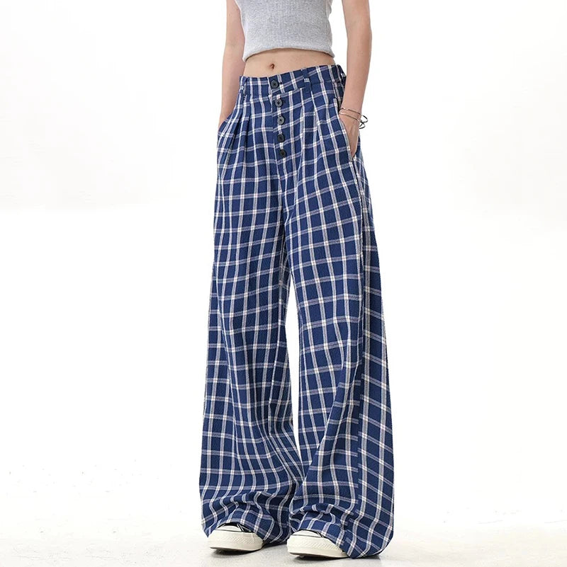 Men's Casual Plaid Pants Loose Fashion Straight Leg Buckle Design Male Wide Leg Trousers Spring Tide Men Clothing 9W1479
