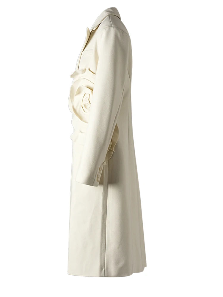 Beige Flower Elegant Long Warm Woolen Coat New Lapel Long Sleeve Women Jacket Fashion Tide Autumn Winter 2025 3WM2155