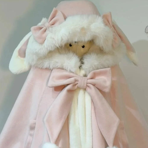 Load image into Gallery viewer, Y2k Aesthetic Cloak Jacket Women Japanese Lolita Fur Patchwork Rabbir Ear Hooed Coat Kawaii Sweet Bow Jackets Oversized JK Capes

