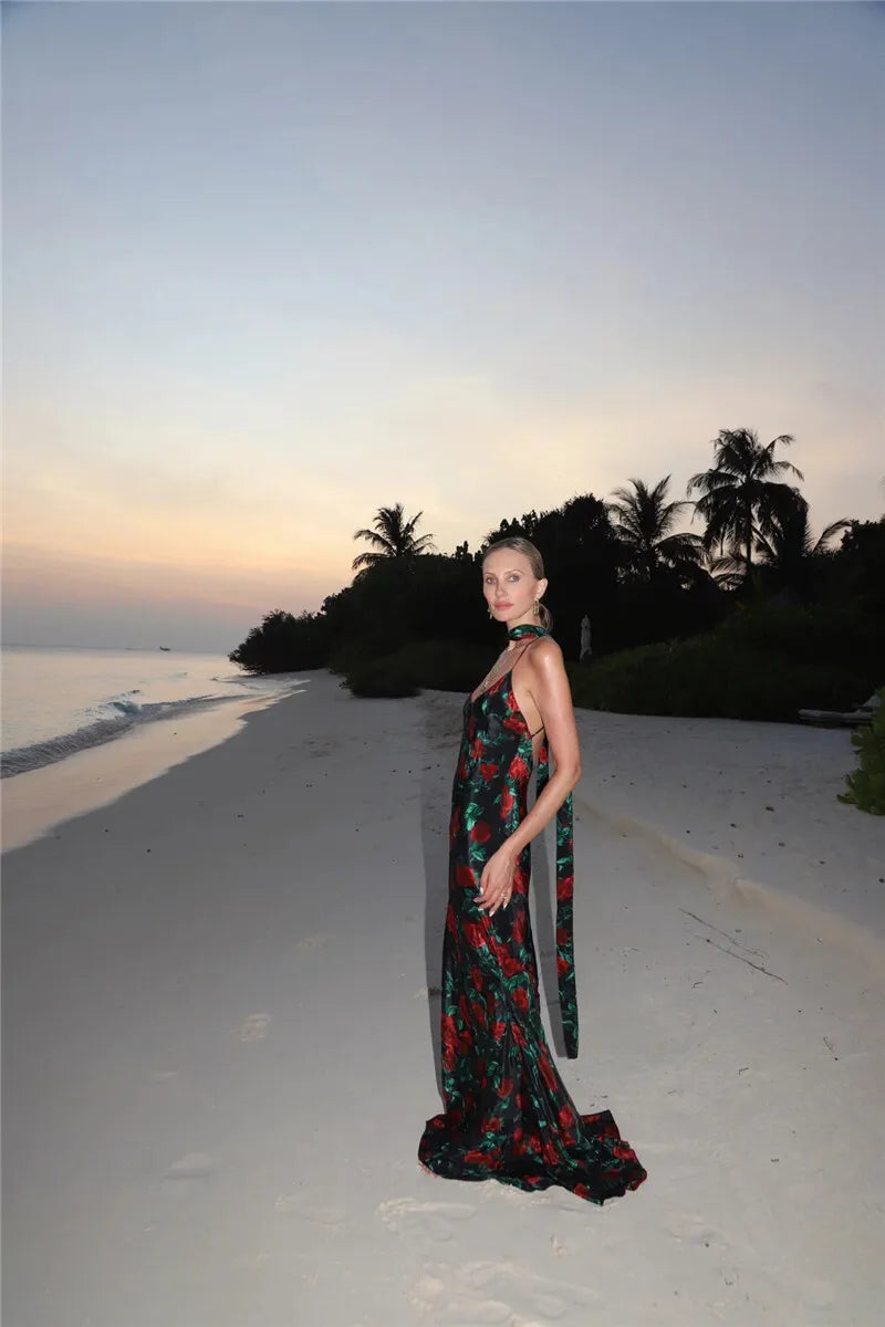 Halter Backless Print Sexy Maxi Dress For Women Gown Elegant Sleeveless High Waist Evening Club Party Long Dress