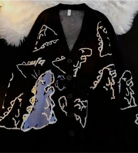 Woherb Spring Autumn V Neck Sweater Cardigans Women Dinosaur Cartoon Print Knit Cardigan Female 2025 Harajuku Knitwear Sweaters