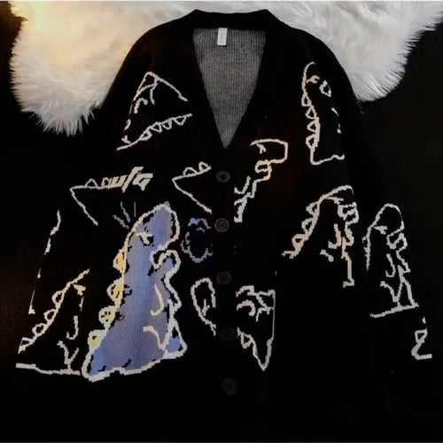 Load image into Gallery viewer, Woherb Spring Autumn V Neck Sweater Cardigans Women Dinosaur Cartoon Print Knit Cardigan Female 2025 Harajuku Knitwear Sweaters
