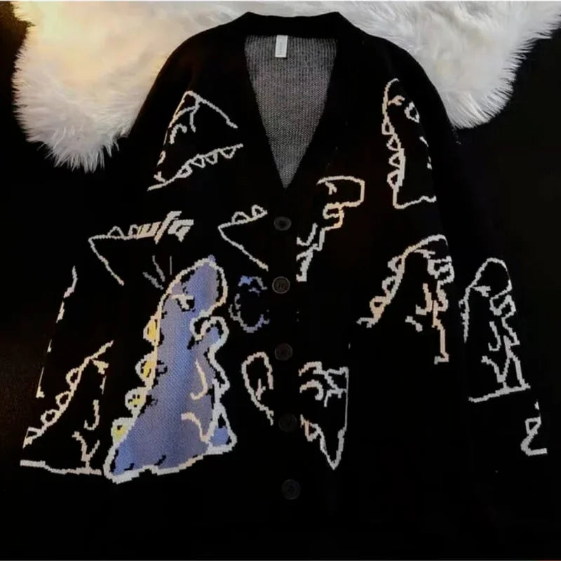 Woherb Spring Autumn V Neck Sweater Cardigans Women Dinosaur Cartoon Print Knit Cardigan Female 2025 Harajuku Knitwear Sweaters