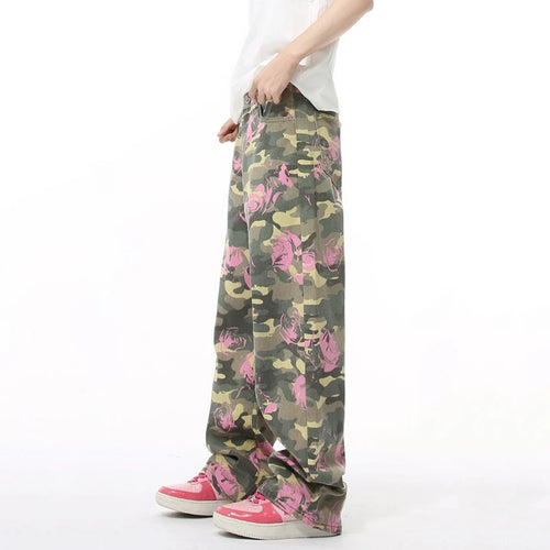 Load image into Gallery viewer, Niche Men&#39;s Denim Pants Rose Printing Camouflage Contrast Color Loose Trousers Straight Wide Leg Casual Male Jeans 9C8898
