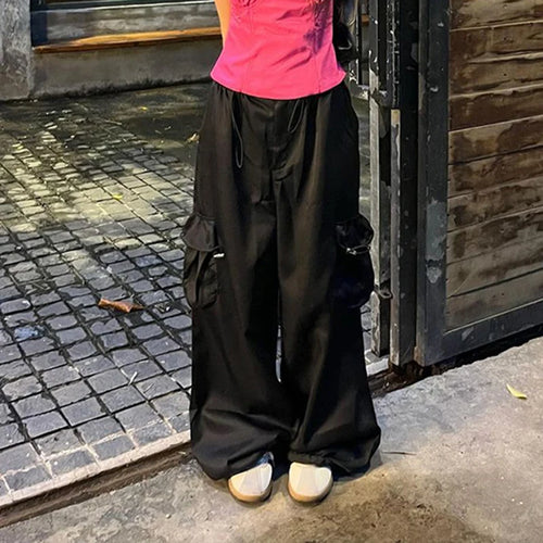 Load image into Gallery viewer, Casual Black Oversized Shirring Cargo Pants Female Big Pockets Low Rise Harajuku Basic Wide Leg Trousers Tech Outfits

