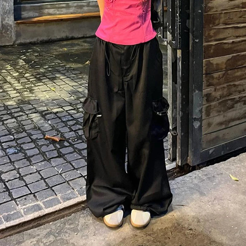 Casual Black Oversized Shirring Cargo Pants Female Big Pockets Low Rise Harajuku Basic Wide Leg Trousers Tech Outfits