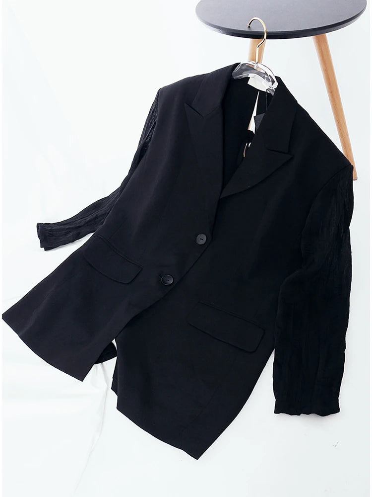 Women Black Pleated Back Bandage Big Size Blazer New Lapel Long Sleeve Loose Fit  Jacket Fashion Spring Autumn 2025 1Y053