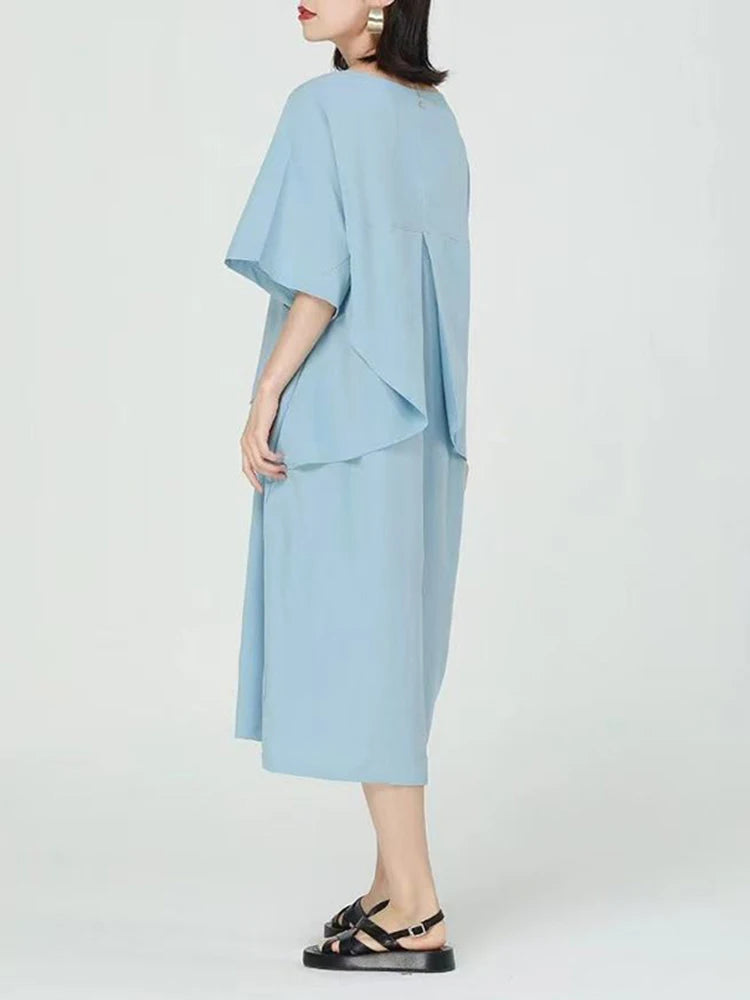 Women Blue Pleated Irregular Big Size Midi Dress New Round Neck Short Sleeve Fashion Tide Spring Summer 2025 1DJ1230