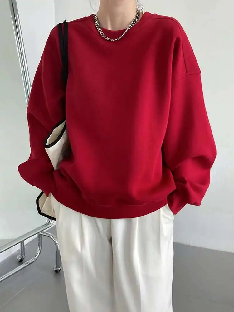 Red Apricot Casual Plain Sweatshirt New Round Neck Long Sleeve Women Big Size Fashion Tide Spring Autumn 2025 1DH6655