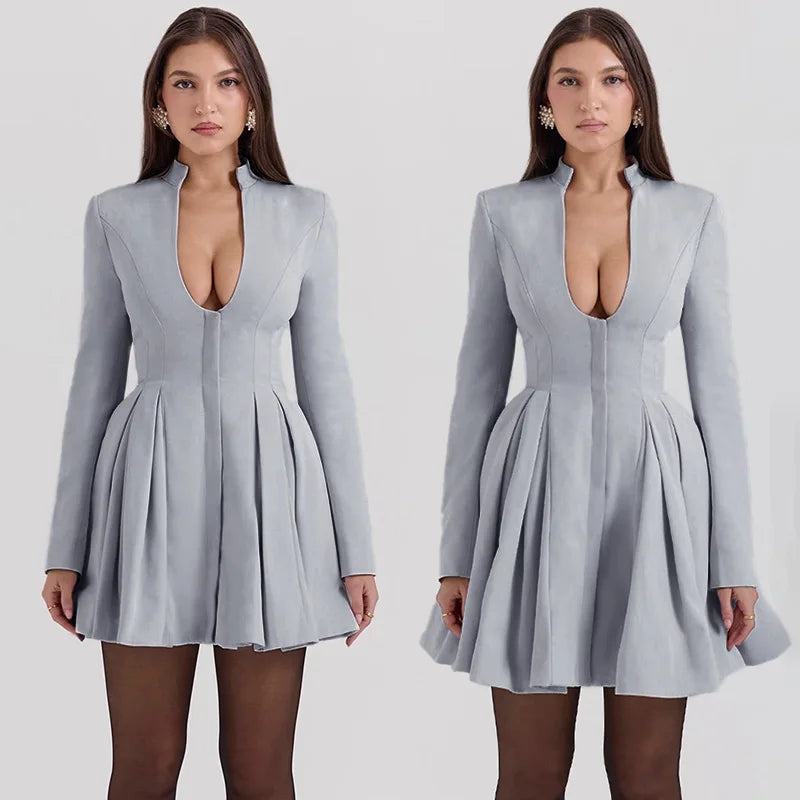 Gray Long Sleeve Sexy Mini Dress Women Solid V Neck High Waist A-line Club Party Pleated Sexy Dress Elegant Clubwear