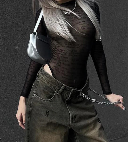 Fashion Black Mesh Bodysuit Women See Through Letter Printing Bodycon Sexy Body One Piece Catsuit Party Clubwear Goth