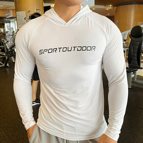 Load image into Gallery viewer, Gym Men T Shirt Casual Long Sleeve Slim Tops Tees Elastic T-shirt Sports Fitness Thin Comfort Breathable Quick Dry Hooded
