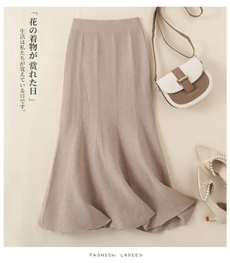Korean Fashion Autumn Winter Warm Women Solid Knitted Wrapped Hip Long Skirts High Waist A-line Pleated Skirt 2024 New Versatile