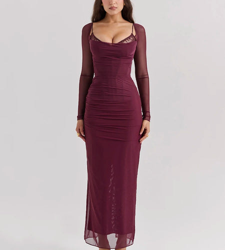 Elegant Sheer Long Sleeve Sexy Maxi Dress For Women Fashion Mesh Strapless Backless Club Party Sexy Long Dress 2024