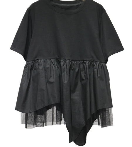 Women Black Irregular Hem Mesh Big Size Casual T-shirt New Round Neck Short Sleeve Fashion Tide Spring Summer 2025 1DJ0644