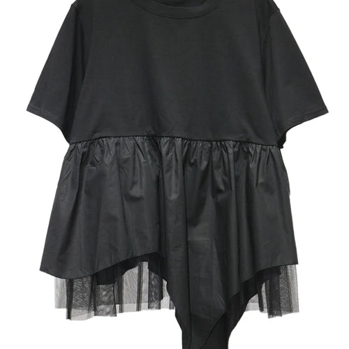 Load image into Gallery viewer, Women Black Irregular Hem Mesh Big Size Casual T-shirt New Round Neck Short Sleeve Fashion Tide Spring Summer 2025 1DJ0644

