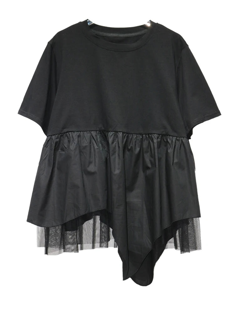 Women Black Irregular Hem Mesh Big Size Casual T-shirt New Round Neck Short Sleeve Fashion Tide Spring Summer 2025 1DJ0644